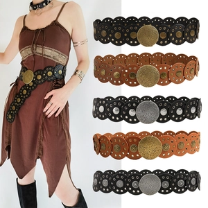 Women Corset Belt PU Leather Hammered Alloy Buckle Round Discs Rivets Retro Medieval Baroque Punk Waist Seal For Dress