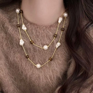 Layered Necklace Irregular Baroque Imitation Artificial Pearl Tiger Eye Stone Gold Plated Long Sweater Chain Maillard Jewelry Women