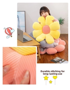 Detail view of sunflower seat cushion showing durable stitching and corduroy fabric texture