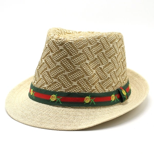 Classic straw fedora hat with green-red stripe band and rose embroidery detail