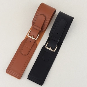 Brown and black elastic waist belts with square metal buckles for women's fashion