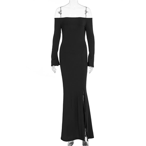 Detail of elegant black off-shoulder maxi dress featuring a high side slit design