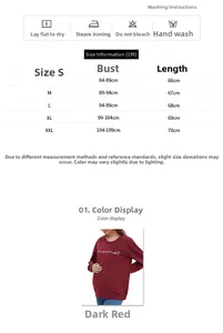 Size chart and washing instructions for long sleeve maternity sweatshirt with mama print