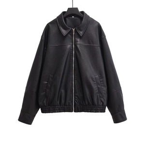 Fashionable long oversized black PU leather bomber jacket with lapel and elastic hem