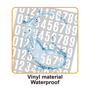 Waterproof vinyl number stickers with 0-9 digits shown with water splash effect