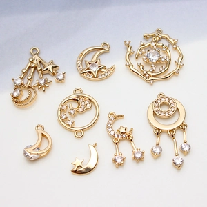 Gold star and moon jewelry pendants with sparkling cubic zirconia for DIY accessory making