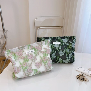 Floral Embroidered Mesh Gauze Makeup Bag Zippered Cosmetic Organizer Portable Clutch Handbag Fresh Pastoral Style For Women