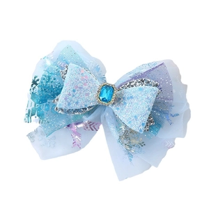 Ice blue sequin mesh hair bow with rectangular blue gemstone and snowflake patterns