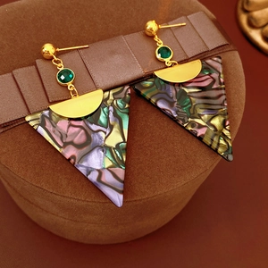 Detailed close-up of vintage triangle earrings with colorful iridescent resin patterns
