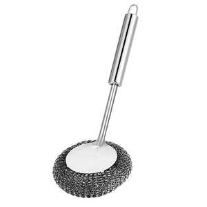 Long-handle stainless steel wire brush for heavy-duty kitchen pot and pan cleaning