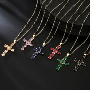 Cross Pendant Necklace Copper 18K Gold Plated Oval Cut Colorful Zircon Religious Fashion Jewelry For Women