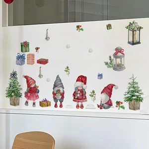 Watercolor Christmas gnomes wall stickers set with trees and gifts for festive home decor