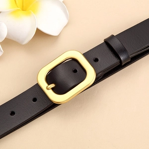 Classic black leather belt for women with elegant gold rectangular buckle and litchi texture
