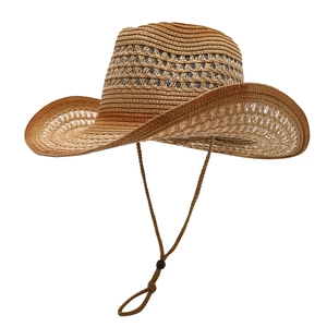 Western style straw cowboy hat with breathable hollow weave and adjustable wind cord