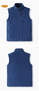 Dark blue fleece vest with stand collar, multi-pockets and outdoor sport shoulder print