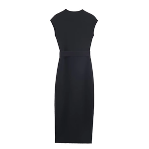 Detail view of the back of a black V-neck sleeveless midi dress with a matching waist tie