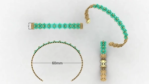 Detailed 3D render of a gold-tone daisy bangle showing dimensions and floral texture