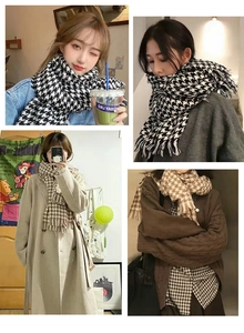 Detailed views of winter houndstooth scarf featuring classic tassels and warm knit texture