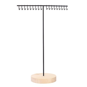 T-shaped black metal jewelry display stand with 18 hooks and natural wood base