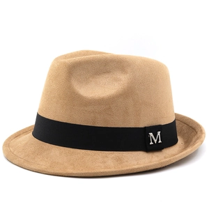 Classic camel faux suede fedora hat with black ribbon and silver M logo ornament