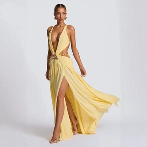 Sexy yellow deep V-neck backless maxi dress with cut-outs and side slit for women