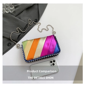 Detail of colorful rainbow striped chain bag with metallic finish and silver stud trim