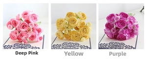Detailed close-up of artificial tea buds in dark pink, yellow and purple silk fabrics