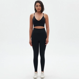 Close-up of black seamless yoga set with V-neck sports bra and high-waisted leggings