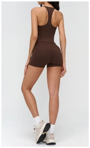 Back view of a deep brown racerback yoga tank top and matching high-waist shorts