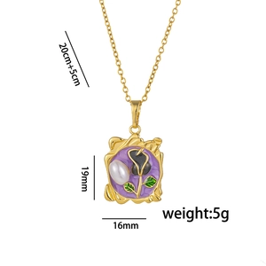 Baroque enamel flower pendant necklace with pearl and purple finish in golden frame