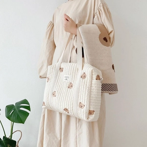 Close-up of cream quilted diaper bag with brown bear embroidery and matching blanket