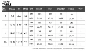 Size guide for women's round neck sweater showing bust and shoulder measurements in cm and inches
