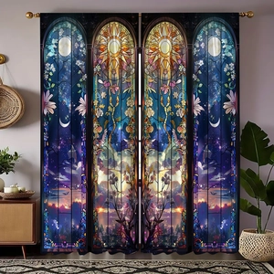 Gothic stained glass curtain detail with vibrant sun moon and star floral patterns