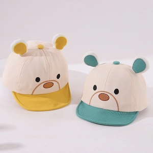 Cute baby baseball caps with 3D bear ears in beige, yellow and green cotton canvas