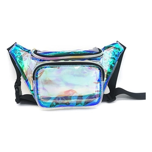 Close-up of holographic PVC waist bag with silver zippers and black adjustable strap