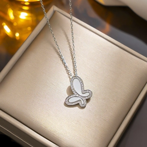 Titanium steel silver butterfly necklace with white shell inlay and pavé crystals