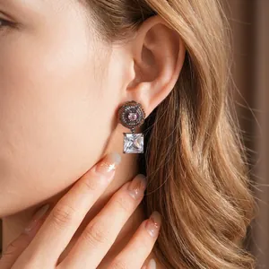 Vintage style floral stud earrings with large square zircon and black gold plating