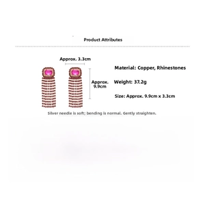 Detailed spec sheet for rose pink square tassel earrings with rhodium silver needles