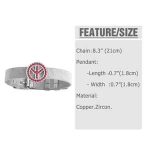Silver mesh bracelet detail showing 21cm length and red zircon charm specifications