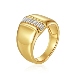 Polished 18K gold-plated wide band ring with a row of rectangular cubic zirconia stones