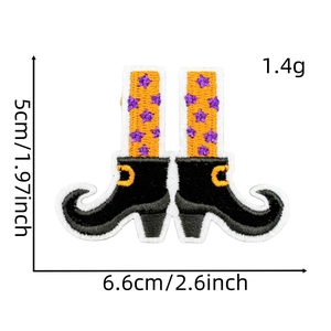 Detailed size view of Halloween witch boot embroidery patch in black and orange colors