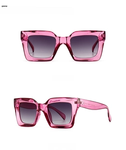 Detailed view of violet square sunglasses featuring double grey gradient lenses and CE mark