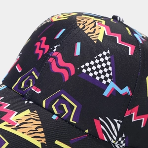 Graffiti pattern baseball cap with colorful 90s retro geometric art on black fabric