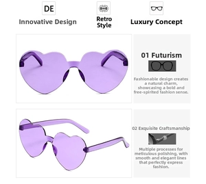 Vues détaillées de lunettes de soleil sans monture en forme de cœur violet transparent