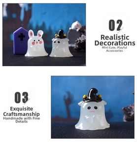 Glow-in-the-dark ghost figurines with bunny ears and witch hats for Halloween decor