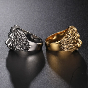 Men's hip hop lion head rings in gold and silver finish with detailed steel texture