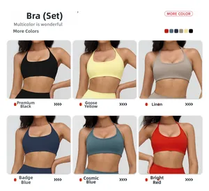 Collage of racerback sports bras in six colors featuring high-elastic quick-dry fabric