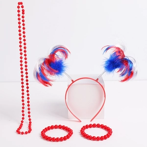 Patriot party set with red bead necklace, bracelets and USA flag feather headband accessories
