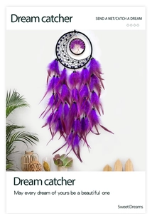Detail of purple dreamcatcher with tree of life stones and feathers for wall decor