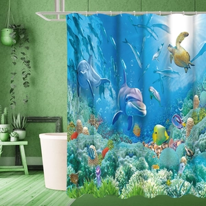 Detail of blue shower curtain featuring sea turtles, dolphins and colorful coral reefs